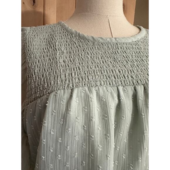 Loft | Dot Smocked Flutter Sleeve Swing Top Seafoam Green | Size Large - Picture 7 of 10